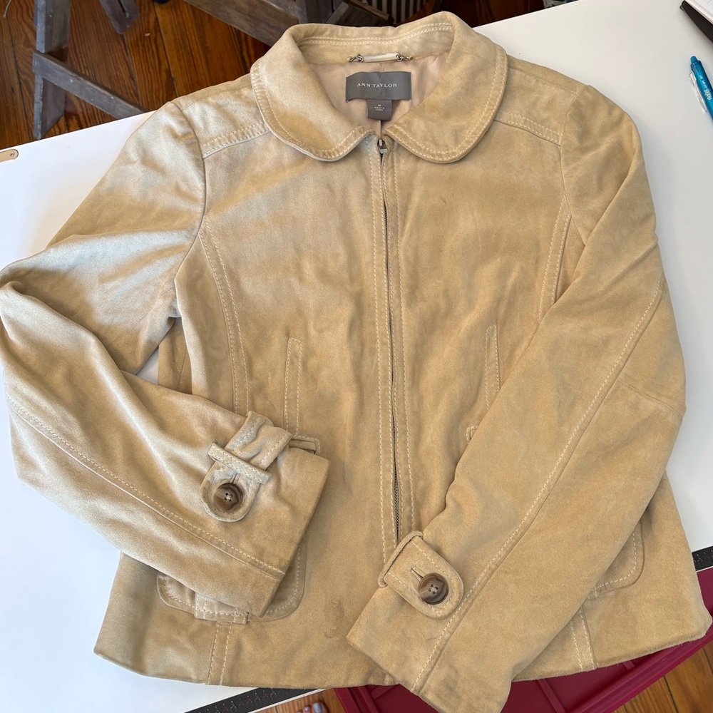 Taupe leather Ann Taylor zip-up bomber jacket